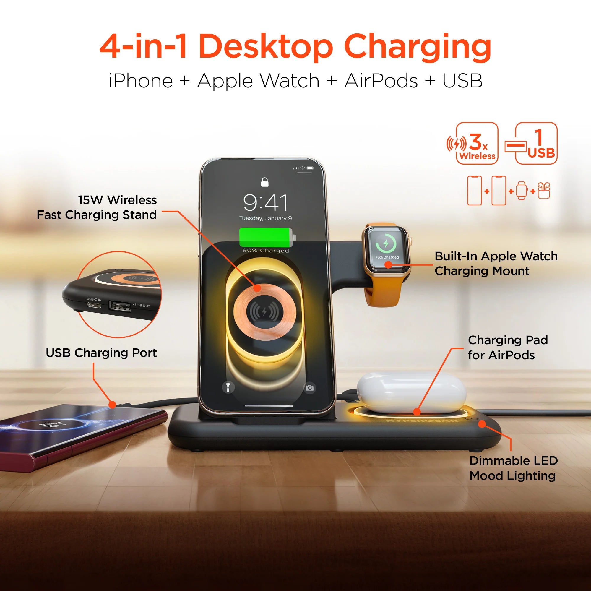 Hypergear PowerFold X-Ray 4-in-1 Foldable Wireless Charging Stand - Black