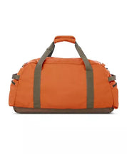 The Eddie Bauer Bygone Recycled 45L Duffel in Terracotta is an eco-friendly bag made from recycled nylon. It features dual gray straps, a padded handle, top zip closure, side pockets, and a reinforced bottom for durability—ideal for travel or sports.