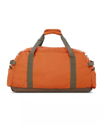 The Eddie Bauer Bygone Recycled 45L Duffel in Terracotta is an eco-friendly bag made from recycled nylon. It features dual gray straps, a padded handle, top zip closure, side pockets, and a reinforced bottom for durability—ideal for travel or sports.