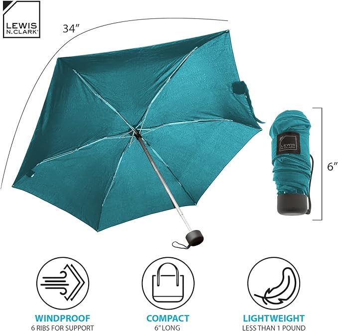 Lewis N. Clark Portable Mini Travel Umbrella, Windproof & Water Repellent - Gray