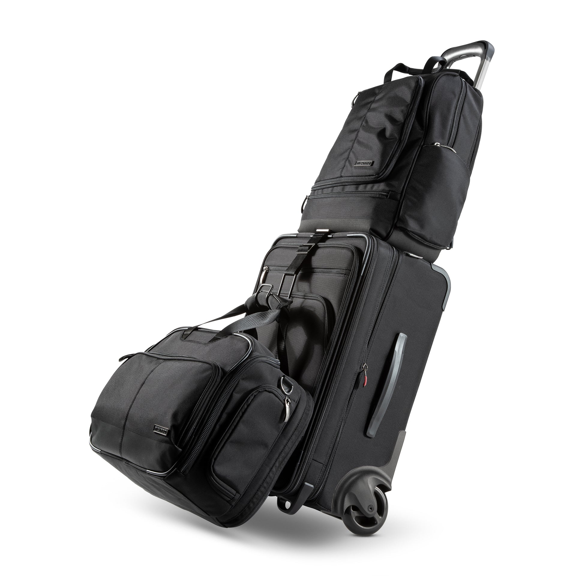 Ricardo Flight Essentials Softside Carry-On - Black, Side view with duffle bag and backpack
