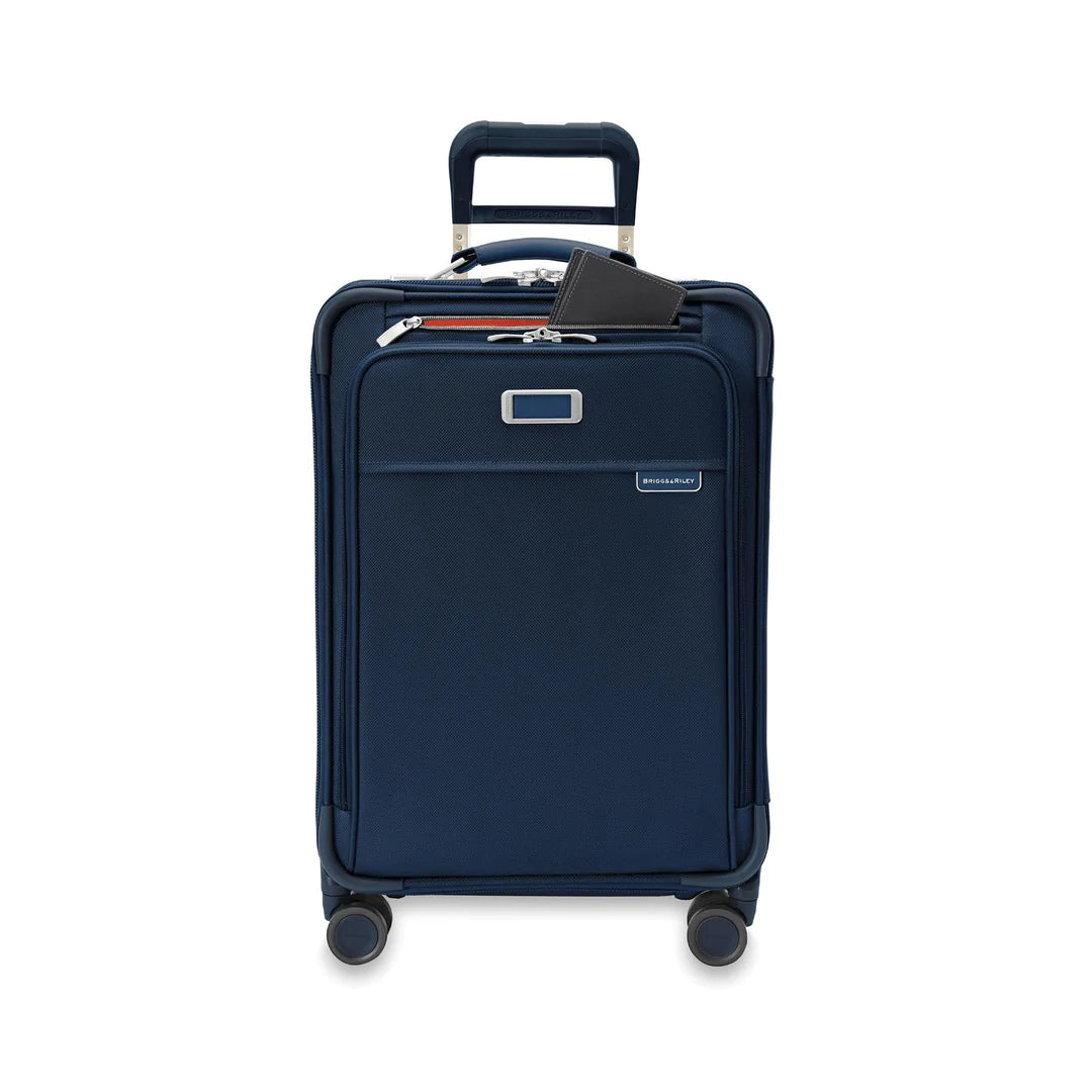 Briggs & Riley Baseline Essential 22" Carry-On Expandable Spinner -  Navy, Front view with opened pocket