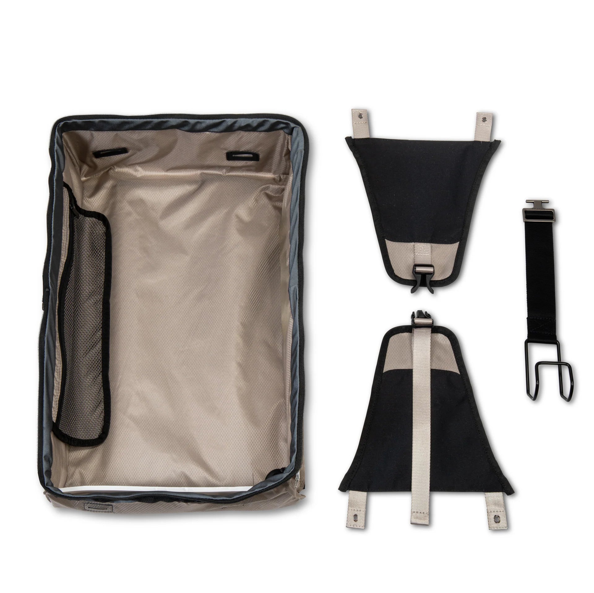 Ricardo Flight Essentials Softside Carry-On - Black, internal organizer in disassembled view – includes an inner compartment with a mesh pocket, two attachment panels, and a strap with a metal hook.