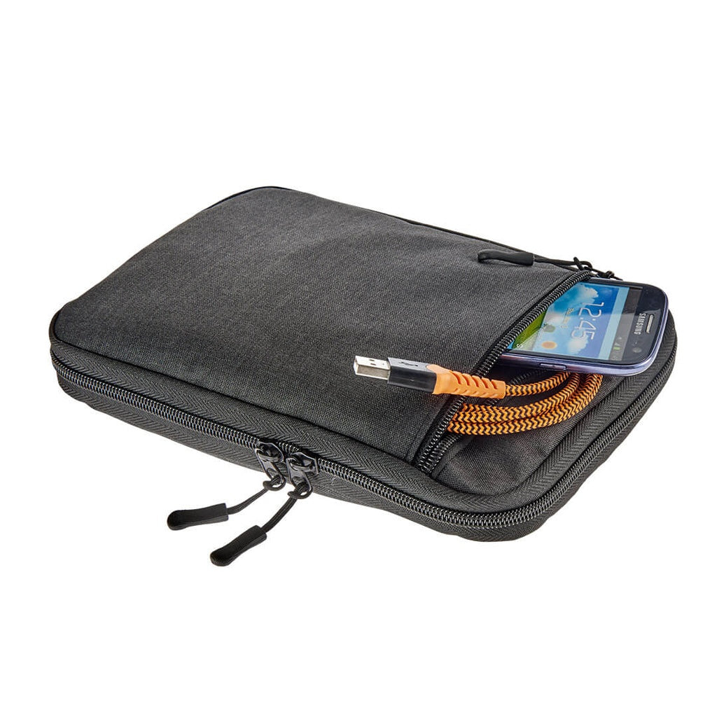 Talus Electronics Organizer - Black closed view and showing outside zipper pocket