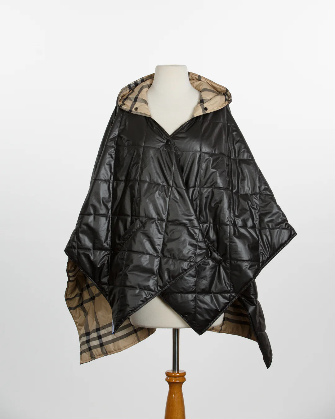 Rainraps Shiny Black & Plaid PUFFERRAP - Women's Rain Poncho - Black & Plaid