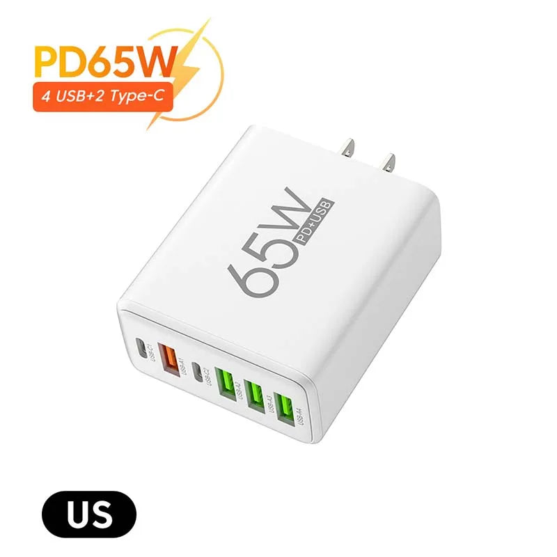 65W Fast Charger US Adapter Plug 2 USB-C+4 USB Ports - White