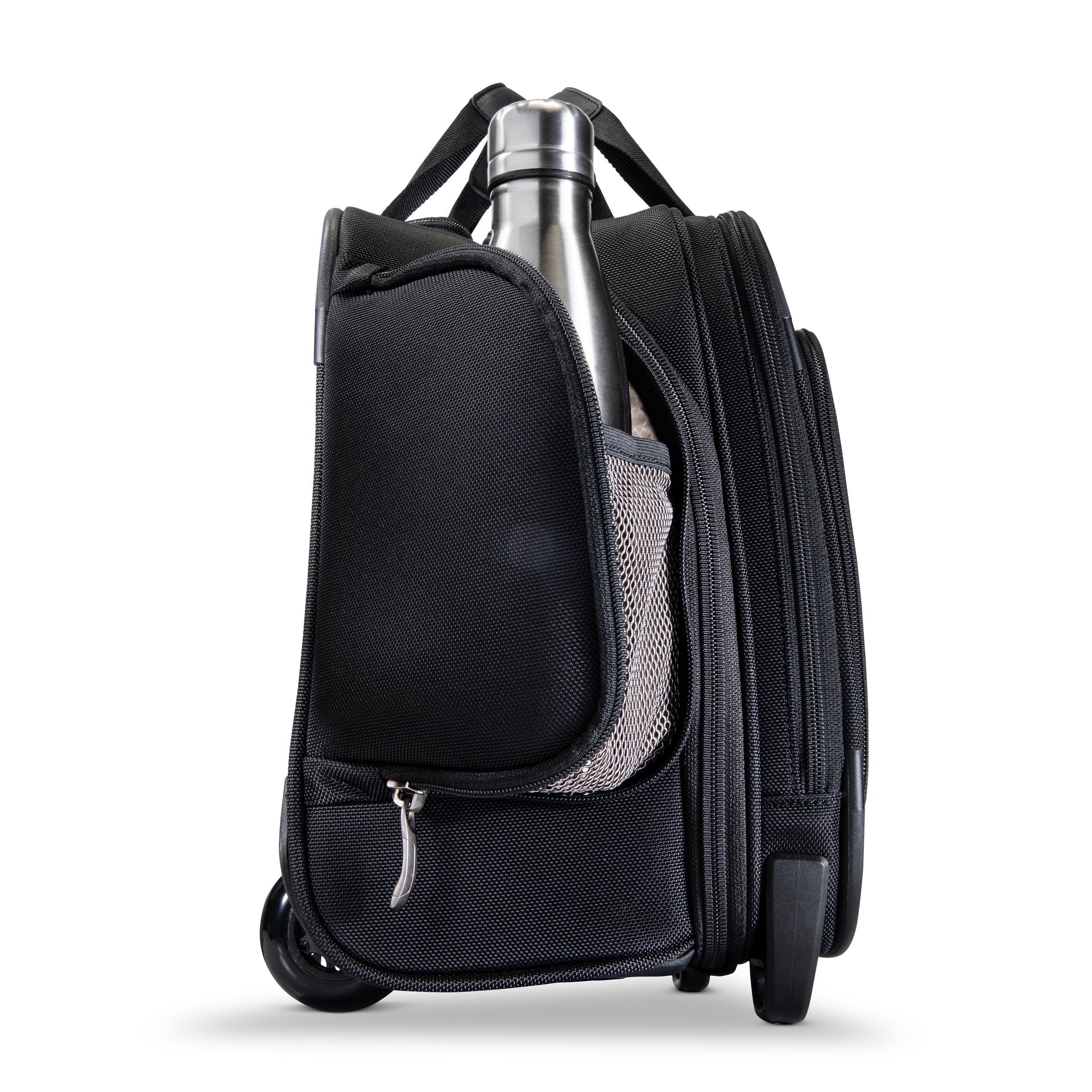 Ricardo Flight Essentials Softside Wheel-A-Board Bag - Black, Side view with bottle inside the side pocket