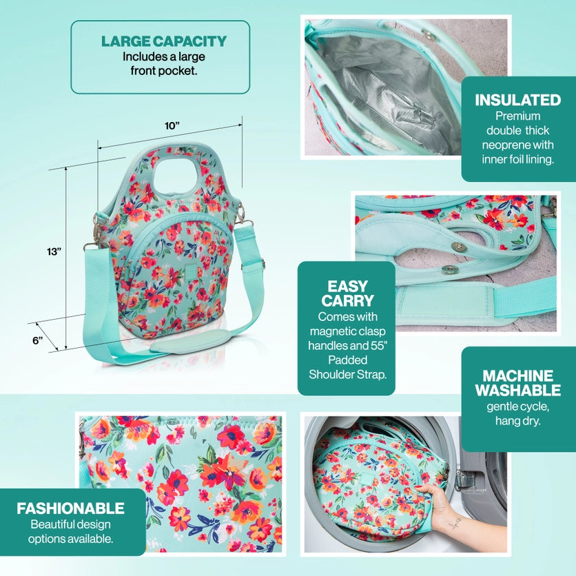 Made Easy Kit Large Insulated Lunch Tote Carrier w/ Pocket - Teal Floral