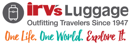 The company logo clickable to the homepage. Irv's Luggage. Outfitting Travelers Since 1947. One Life. One World. Explore It. 