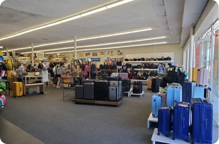 Interior of a luggage and travel accessories store. Various suitcases in black, blue, and light blue are displayed in the center. Shelves on the right hold more luggage, while the left side features backpacks and bags. Several customers are browsing. The store is well-lit, with wide aisles and light-colored walls.