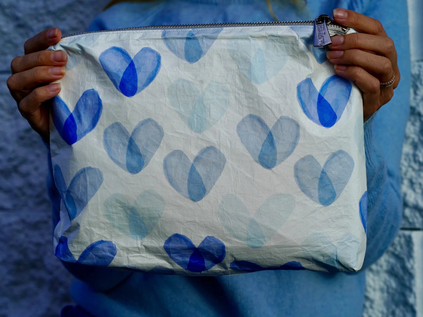 Hi Love Medium Zipper Pouch - "Language of Love" in Shades of Blue