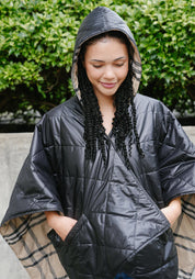 Rainraps Shiny Black & Plaid PUFFERRAP - Women's Rain Poncho - Black & Plaid